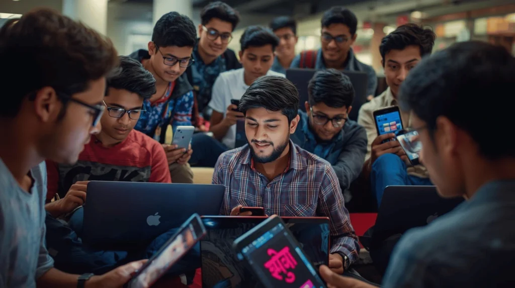Young people using Hindi on digital devices symbolizing the modern relevance of Hindi language