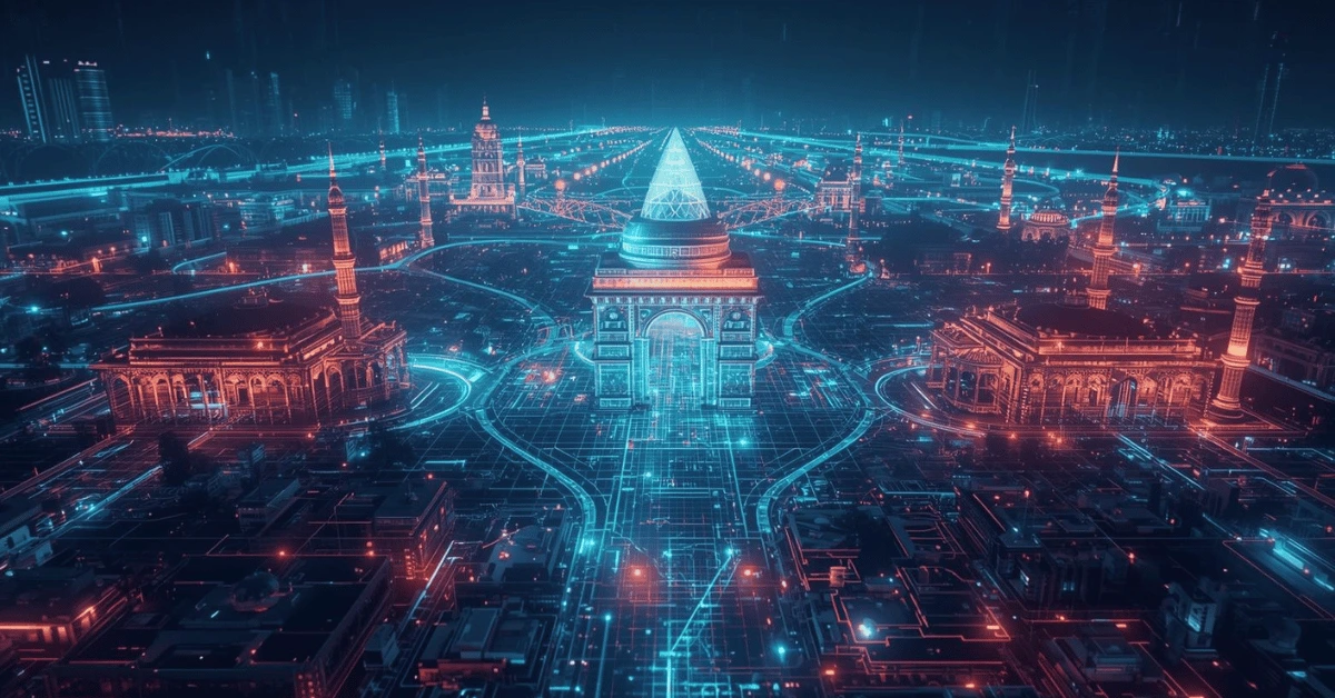 India’s digital skyline with iconic monuments like India Gate and Ashoka Chakra interconnected by glowing data streams and digital grids, symbolizing the Digital India revolution