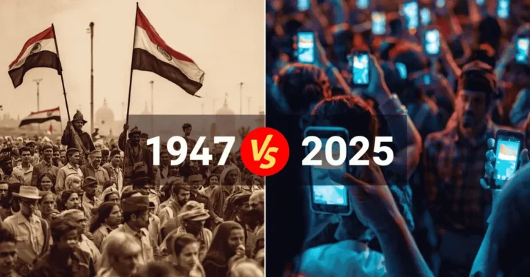 comparing 1947 independence movements with 2025 digital nationalism — freedom fighters on one side, people using smartphones with national flags on the other