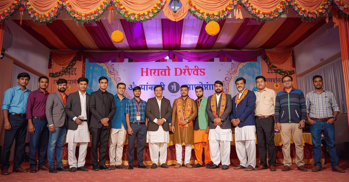 People celebrating Hindi Divas in India with cultural programs and Hindi banners