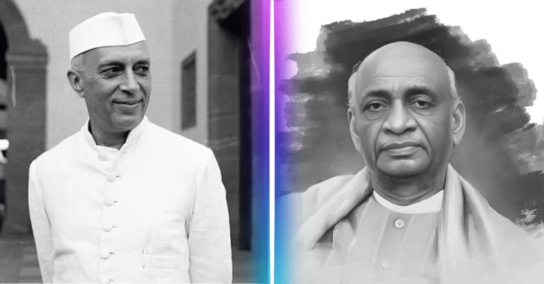 Jawaharlal Nehru and Sardar Vallabhbhai Patel side by side, representing contrasting visions for India’s future — Nehru’s socialism and global diplomacy vs. Patel’s unity and pragmatic governance