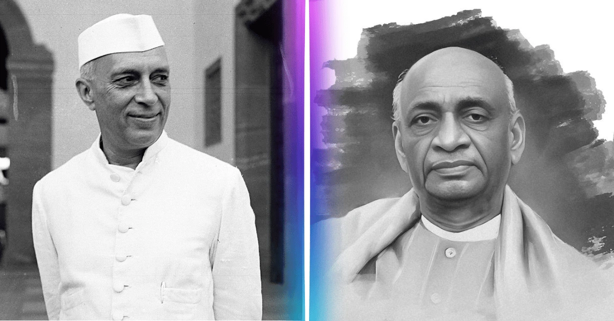Jawaharlal Nehru and Sardar Vallabhbhai Patel side by side, representing contrasting visions for India’s future — Nehru’s socialism and global diplomacy vs. Patel’s unity and pragmatic governance